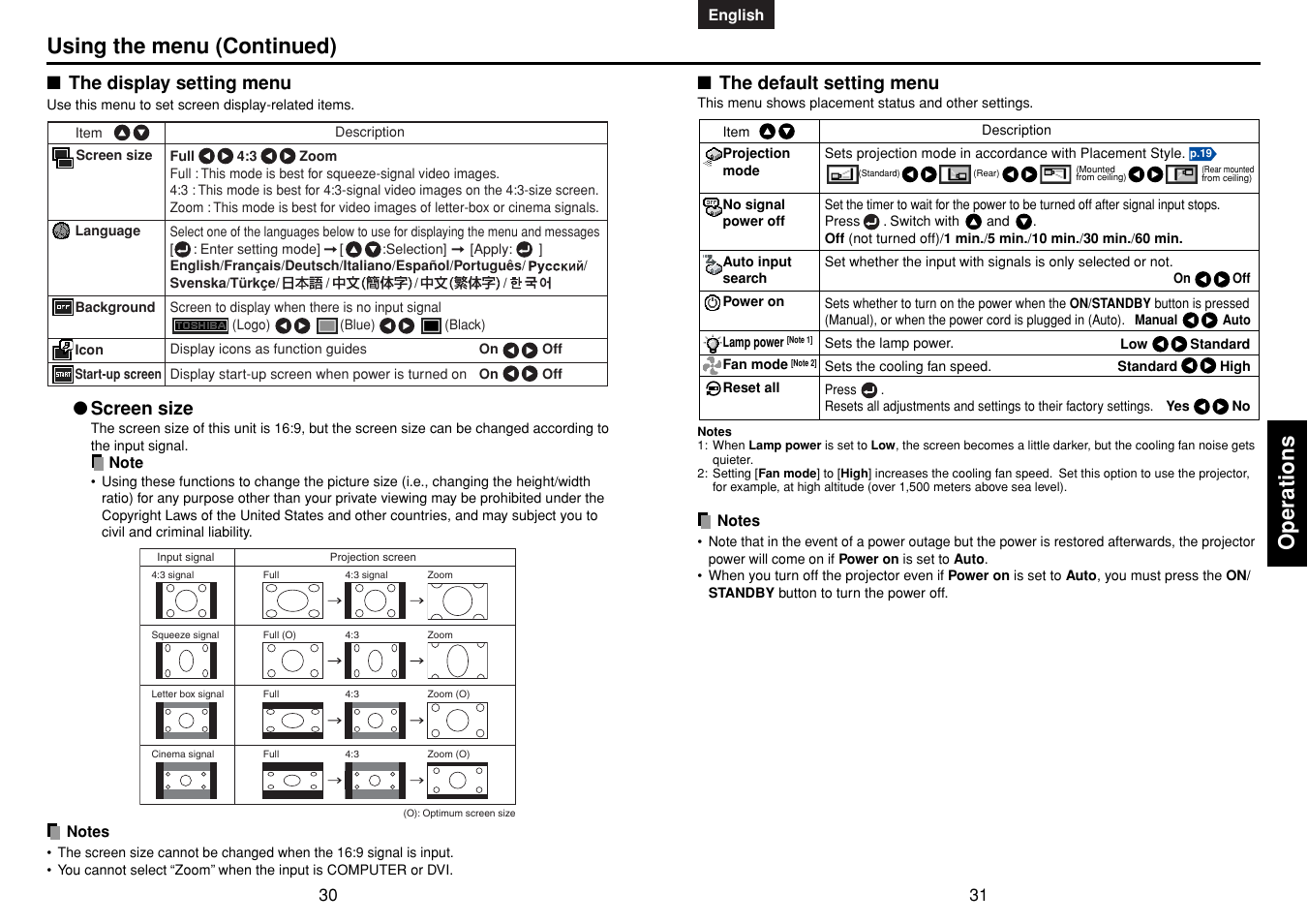 The display setting menu, The default setting menu, P.31 | P.30, Operations, Using the menu (continued), Screen size | Toshiba TDP-MT400 User Manual | Page 16 / 23