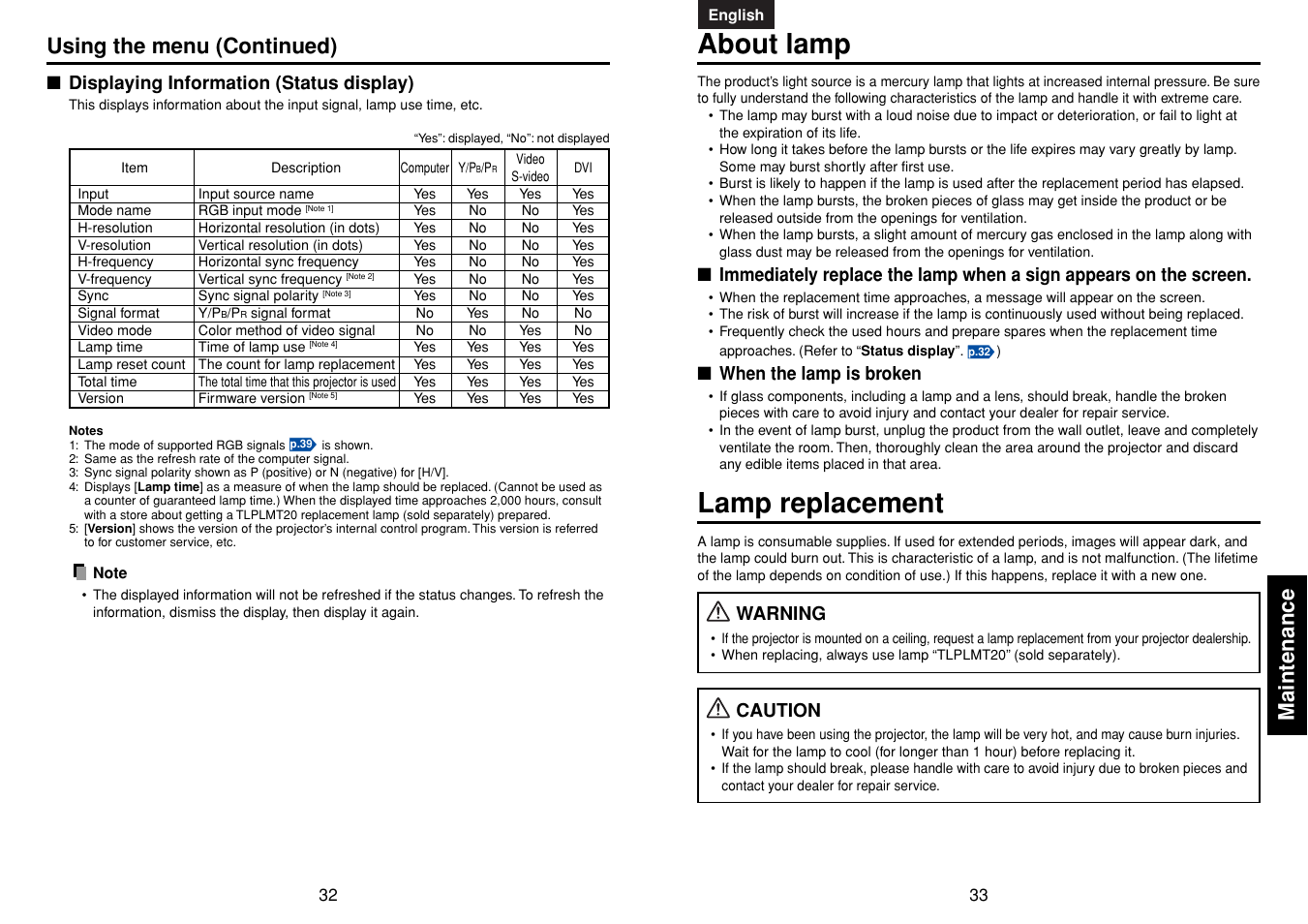 Displaying information (status display), Maintenance, About lamp | Lamp replacement, P.32, Using the menu (continued) | Toshiba TDP-MT400 User Manual | Page 17 / 23