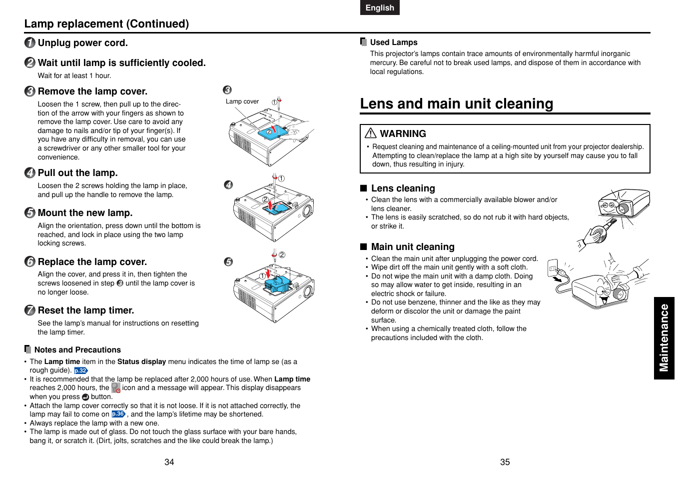 Lens and main unit cleaning, P.34, Maintenance | Lamp replacement (continued) | Toshiba TDP-MT400 User Manual | Page 18 / 23