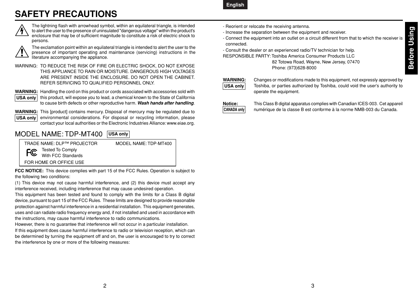 Before using, Safety precautions, Bef ore using | Model name: tdp-mt400 | Toshiba TDP-MT400 User Manual | Page 2 / 23