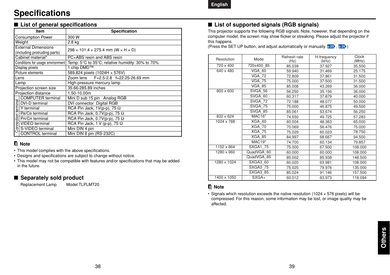 Specifications, List of general specifications, Separately sold product | List of supported signals (rgb signals), P.39, Others | Toshiba TDP-MT400 User Manual | Page 20 / 23