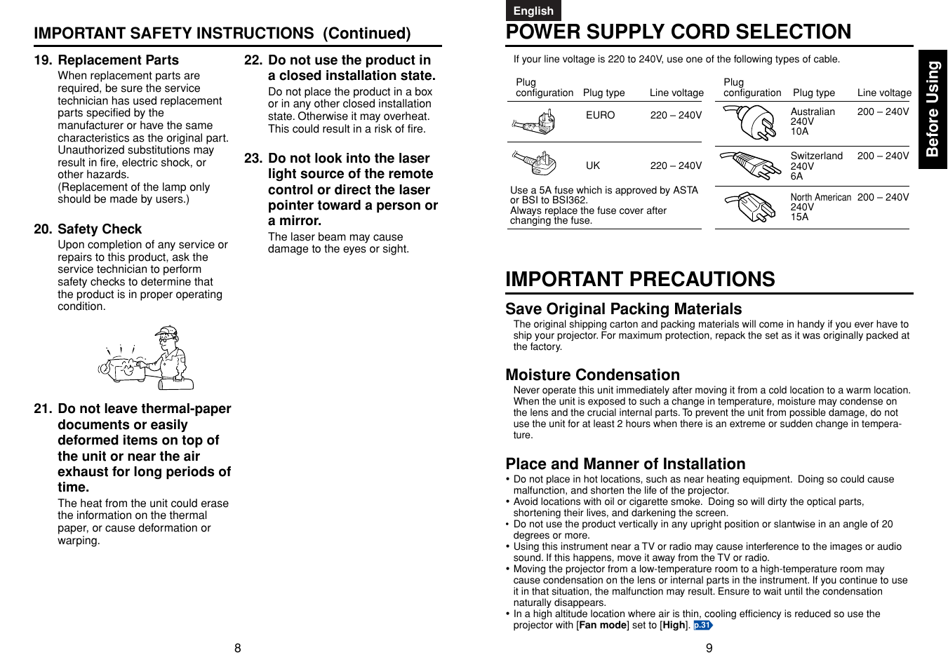 Power supply cord selection, Important precautions, Bef ore using | Save original packing materials, Moisture condensation, Place and manner of installation, Important safety instructions (continued) | Toshiba TDP-MT400 User Manual | Page 5 / 23