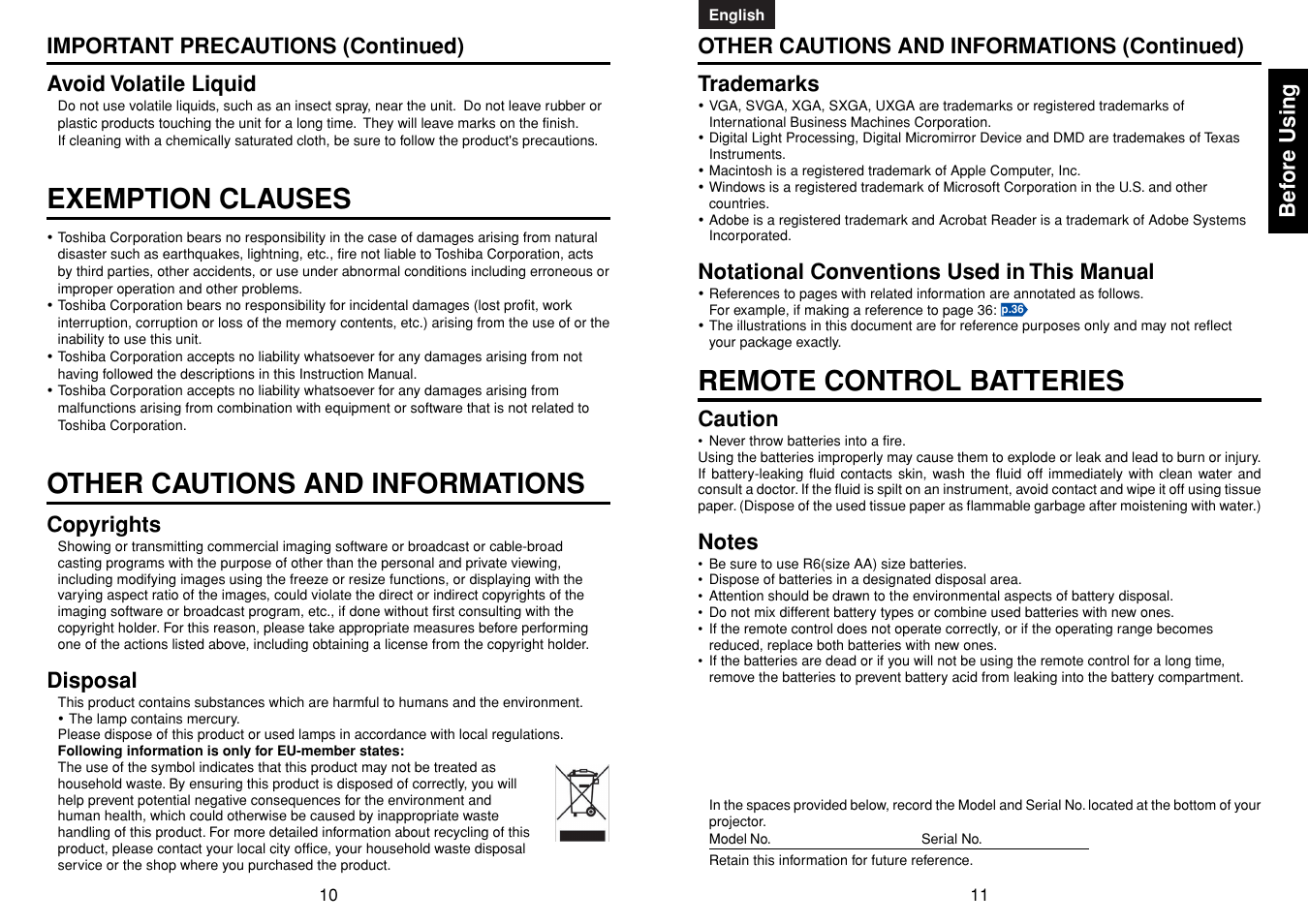 Exemption clauses, Other cautions and informations, Remote control batteries | Toshiba TDP-MT400 User Manual | Page 6 / 23