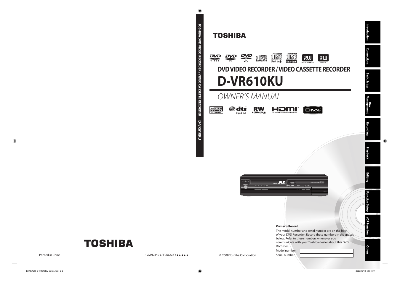 Toshiba DVD Video Recorder / Video Cassette Recorder D-VR610KU User Manual | 126 pages