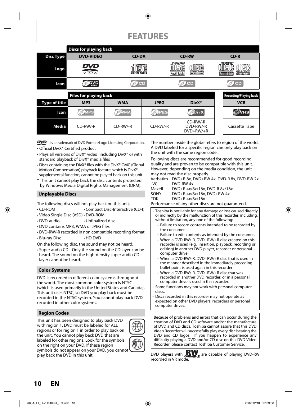 Features, 10 en 10 en | Toshiba DVD Video Recorder / Video Cassette Recorder D-VR610KU User Manual | Page 10 / 126