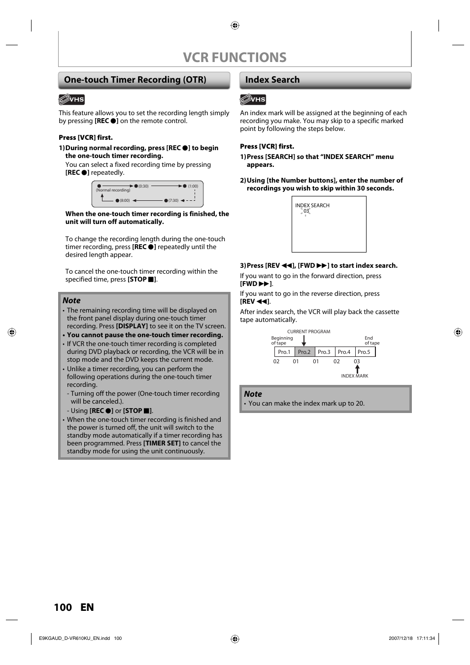Vcr functions, 100 en, One-touch timer recording (otr) index search | Toshiba DVD Video Recorder / Video Cassette Recorder D-VR610KU User Manual | Page 100 / 126