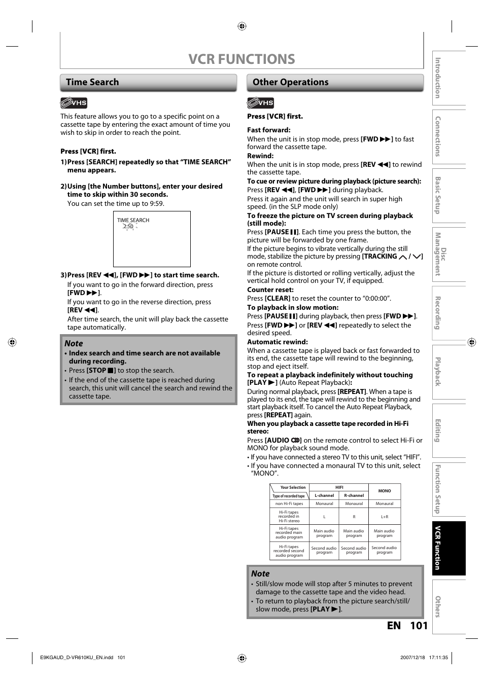 Vcr functions, Time search other operations | Toshiba DVD Video Recorder / Video Cassette Recorder D-VR610KU User Manual | Page 101 / 126