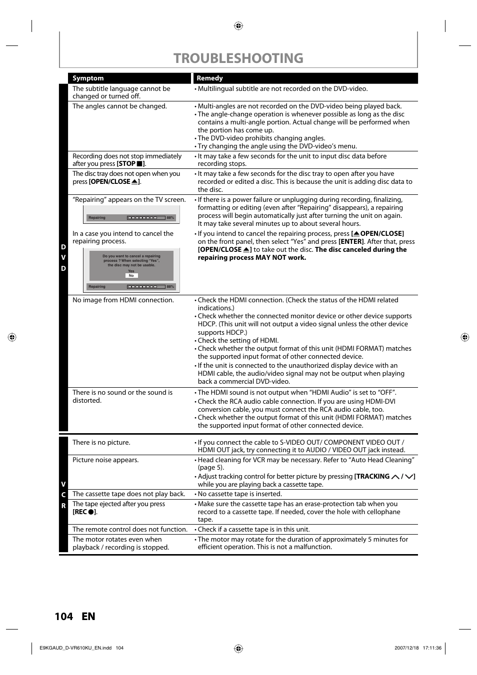 Troubleshooting, 104 en | Toshiba DVD Video Recorder / Video Cassette Recorder D-VR610KU User Manual | Page 104 / 126
