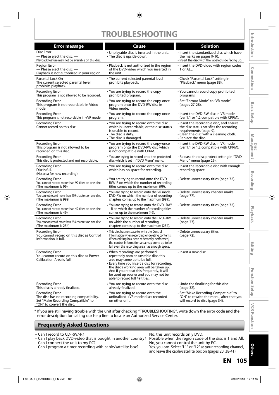 Troubleshooting, Frequently asked questions | Toshiba DVD Video Recorder / Video Cassette Recorder D-VR610KU User Manual | Page 105 / 126