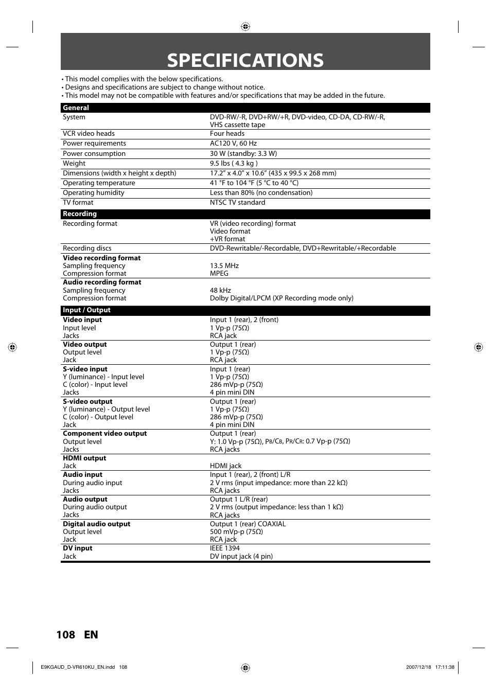 Specifications, 108 en | Toshiba DVD Video Recorder / Video Cassette Recorder D-VR610KU User Manual | Page 108 / 126
