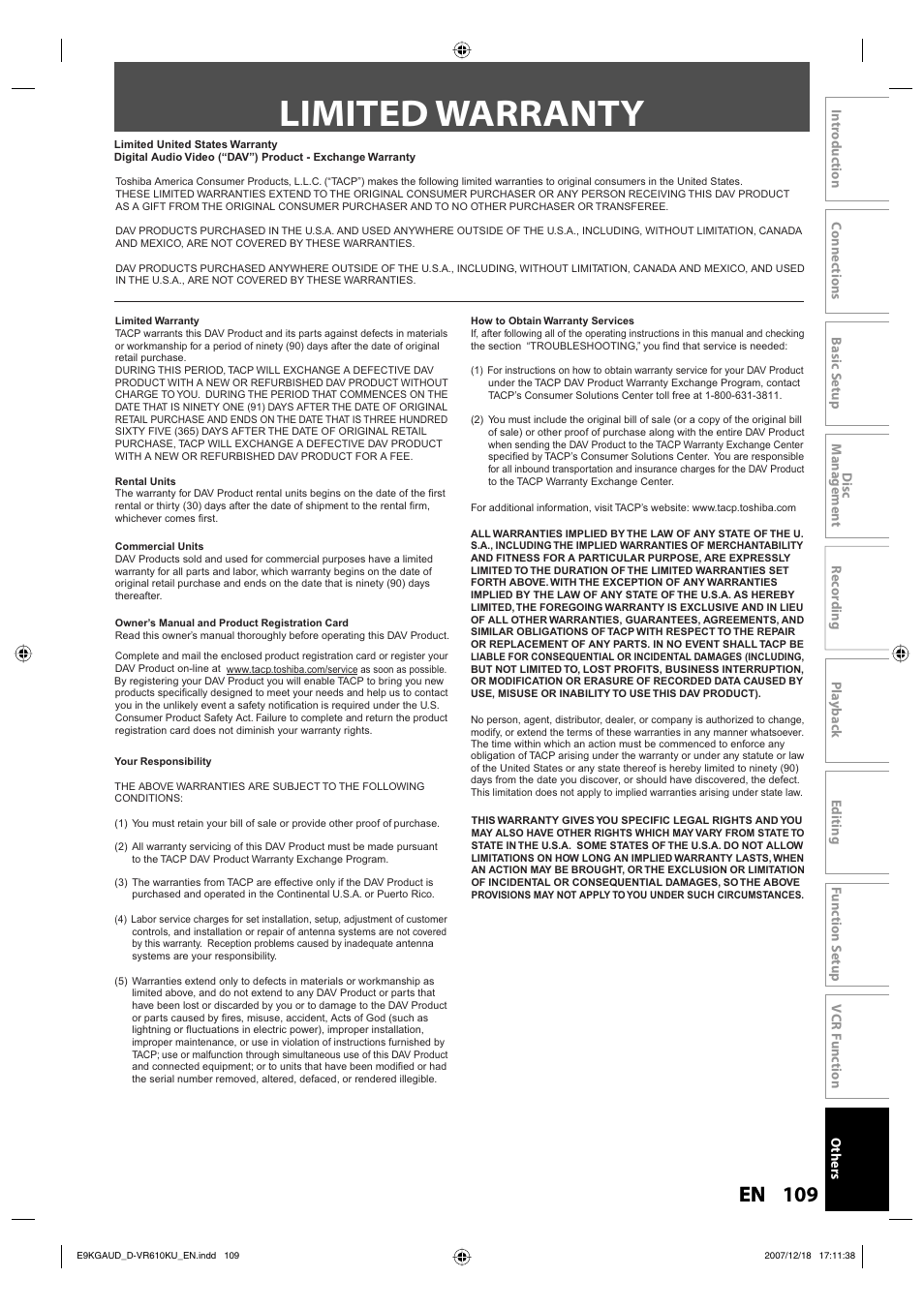 Limited warranty | Toshiba DVD Video Recorder / Video Cassette Recorder D-VR610KU User Manual | Page 109 / 126