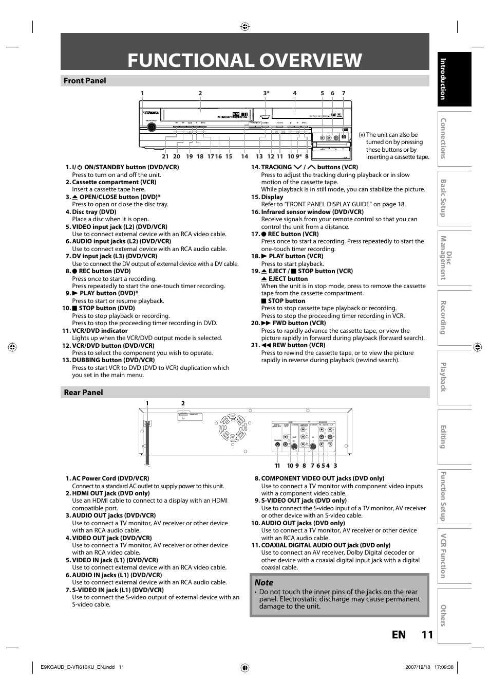 Functional overview, 11 en 11 en, Front panel | Rear panel | Toshiba DVD Video Recorder / Video Cassette Recorder D-VR610KU User Manual | Page 11 / 126