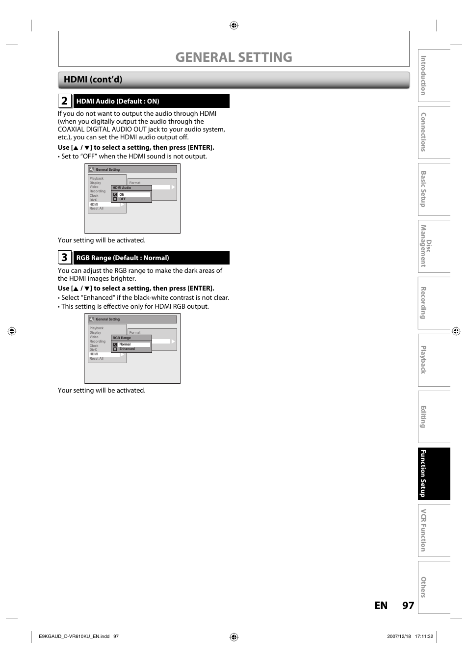 D-vr610ku_en_v7, General setting, 97 en 97 en | Hdmi (cont’d) | Toshiba DVD Video Recorder / Video Cassette Recorder D-VR610KU User Manual | Page 112 / 126