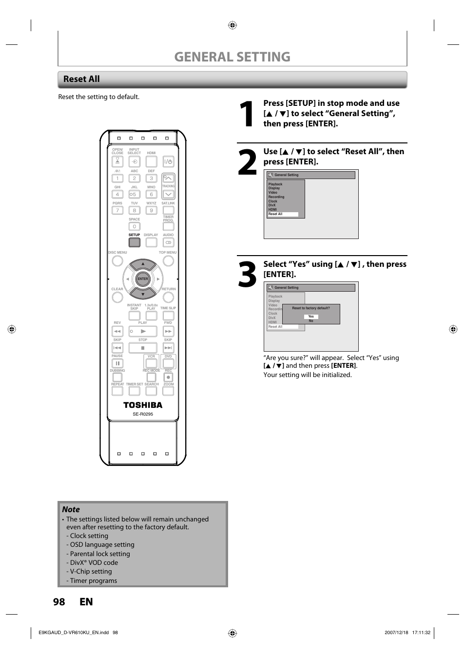 General setting, 98 en 98 en, Reset all | Select “yes” using [ k / l ] , then press [enter | Toshiba DVD Video Recorder / Video Cassette Recorder D-VR610KU User Manual | Page 113 / 126