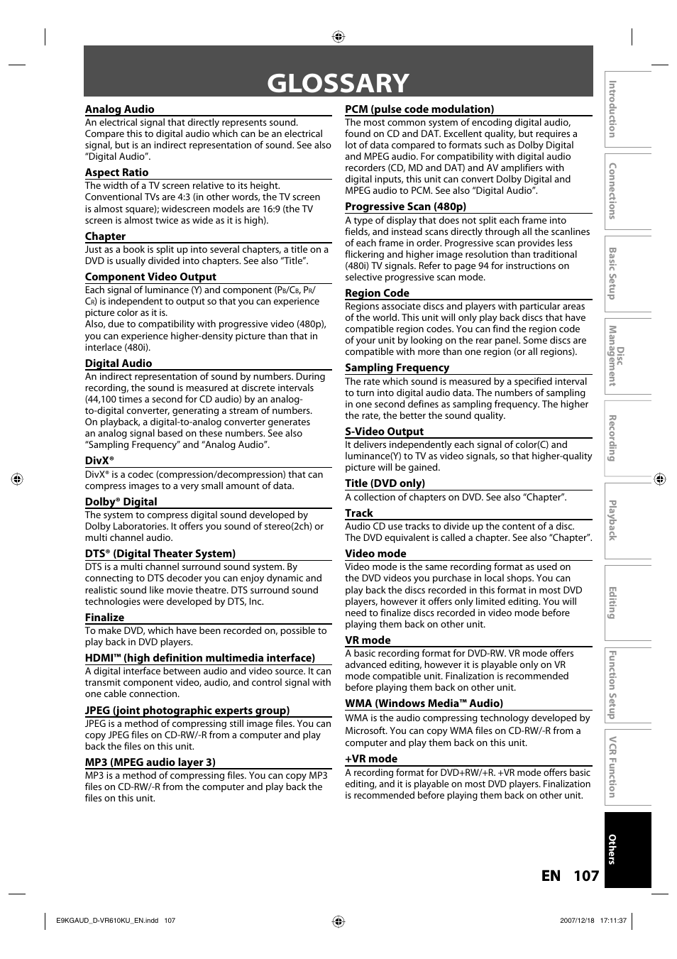 Glossary | Toshiba DVD Video Recorder / Video Cassette Recorder D-VR610KU User Manual | Page 122 / 126