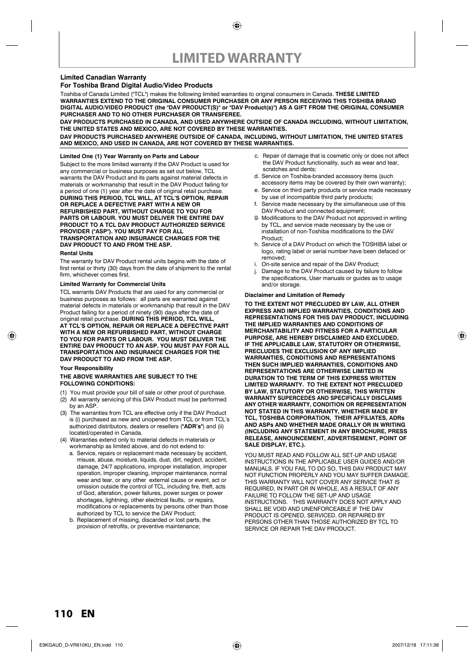 Limited warranty, 110 en | Toshiba DVD Video Recorder / Video Cassette Recorder D-VR610KU User Manual | Page 125 / 126