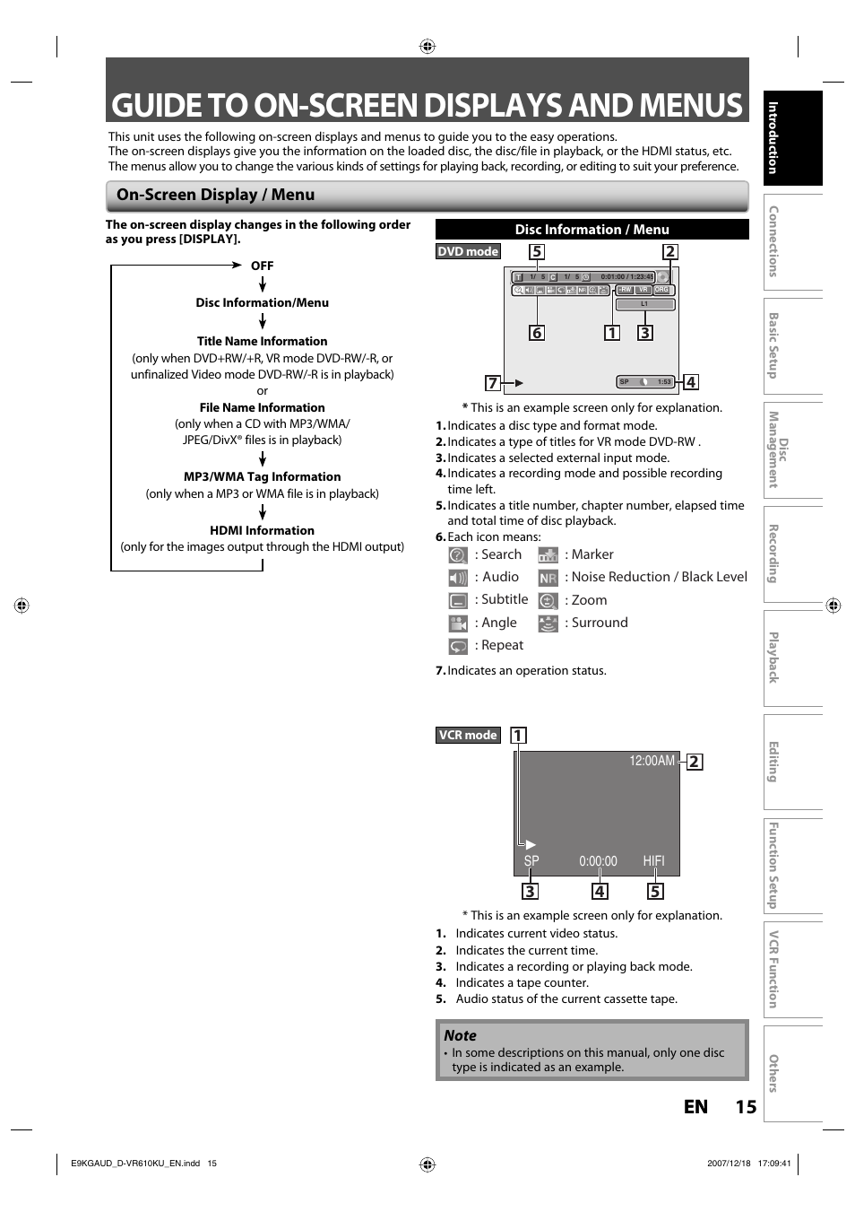 Guide to on-screen displays and menus, 15 en 15 en, On-screen display / menu | Toshiba DVD Video Recorder / Video Cassette Recorder D-VR610KU User Manual | Page 15 / 126