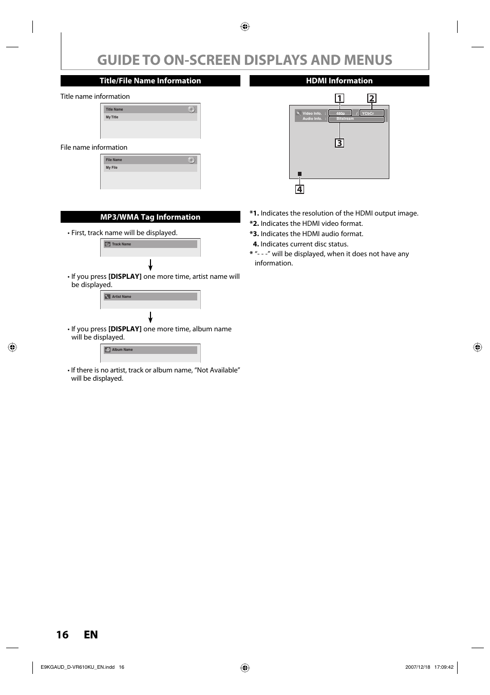 Guide to on-screen displays and menus, 16 en 16 en | Toshiba DVD Video Recorder / Video Cassette Recorder D-VR610KU User Manual | Page 16 / 126