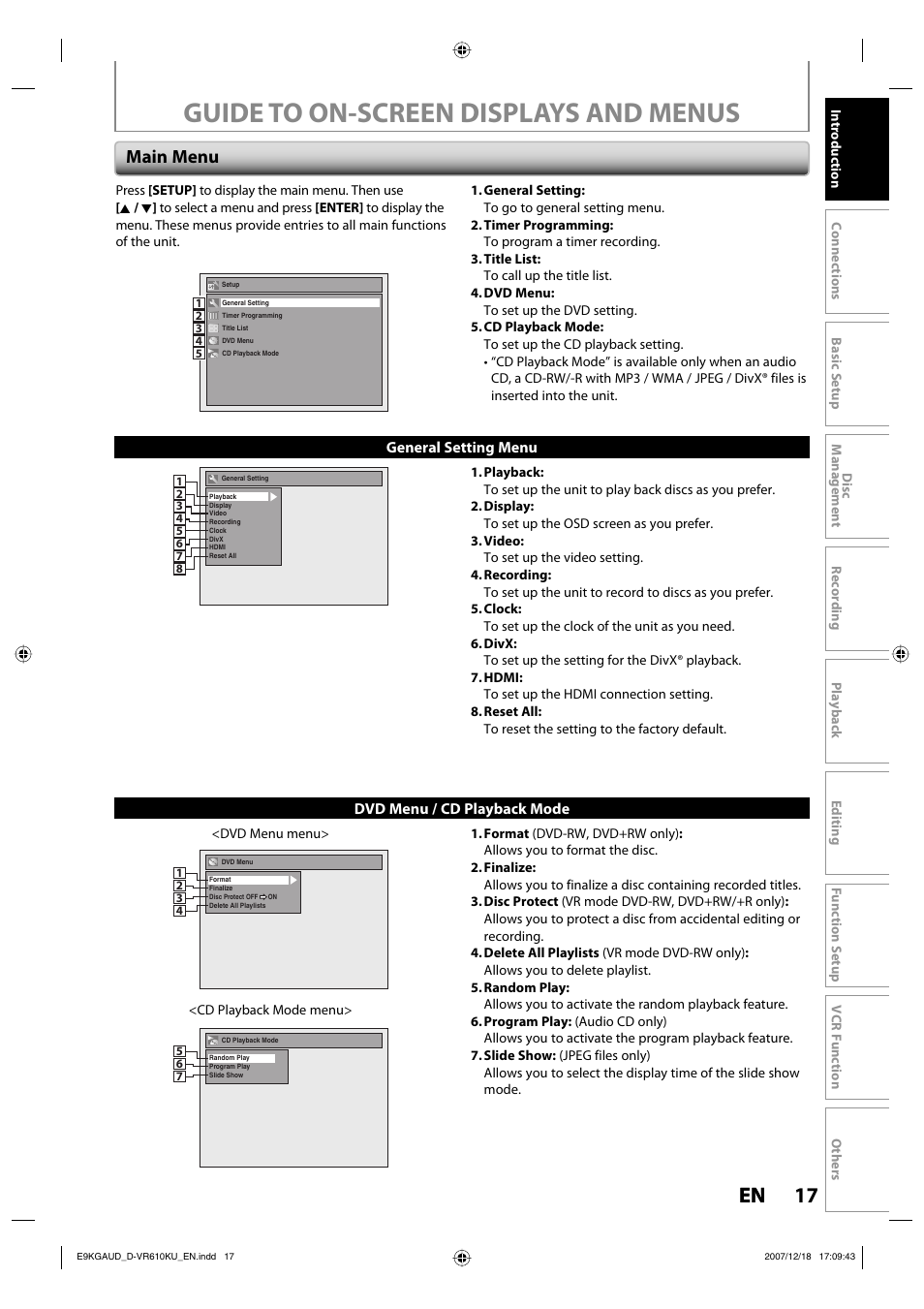 Guide to on-screen displays and menus, 17 en 17 en, Main menu | Toshiba DVD Video Recorder / Video Cassette Recorder D-VR610KU User Manual | Page 17 / 126