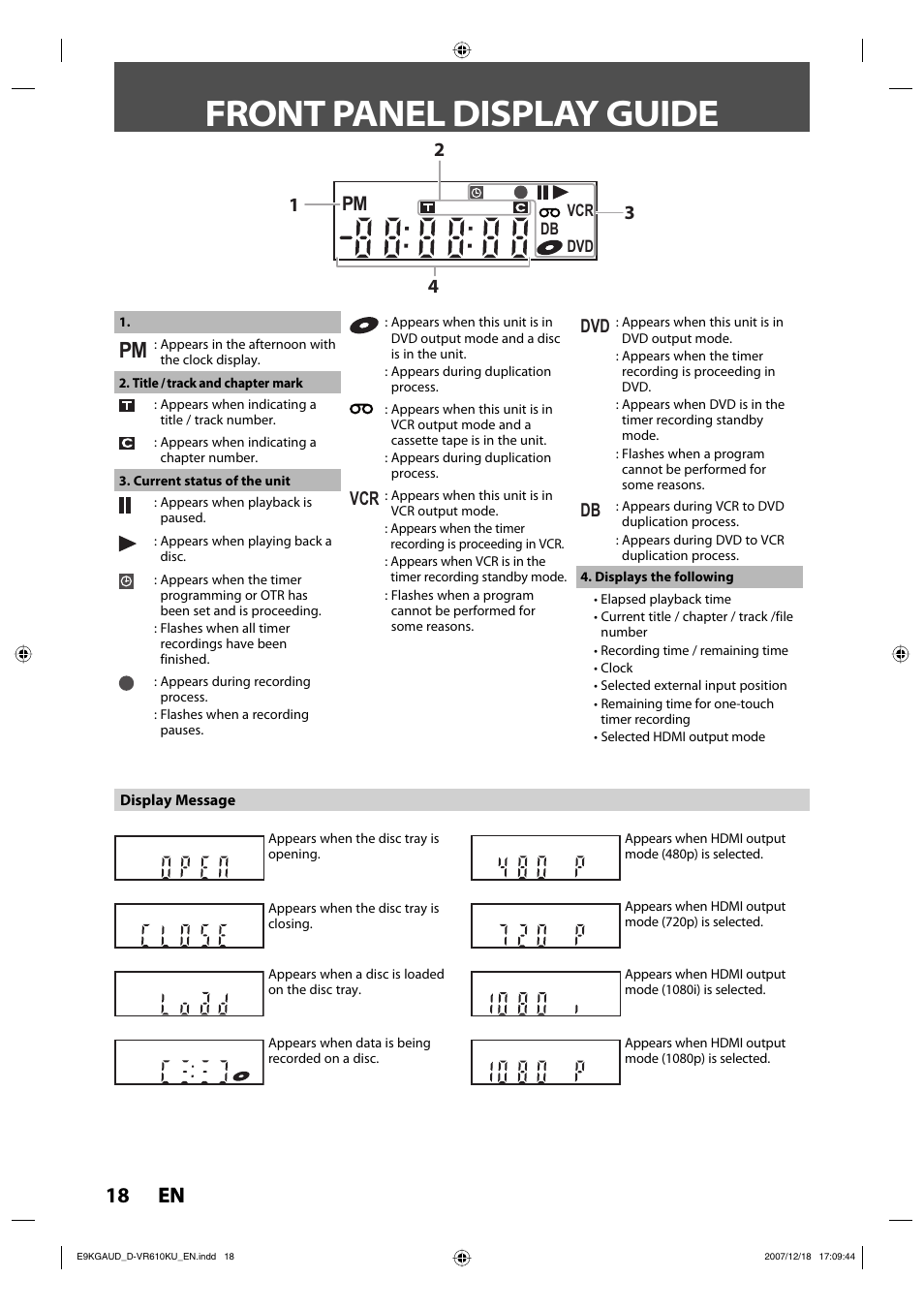 Front panel display guide, 18 en 18 en | Toshiba DVD Video Recorder / Video Cassette Recorder D-VR610KU User Manual | Page 18 / 126
