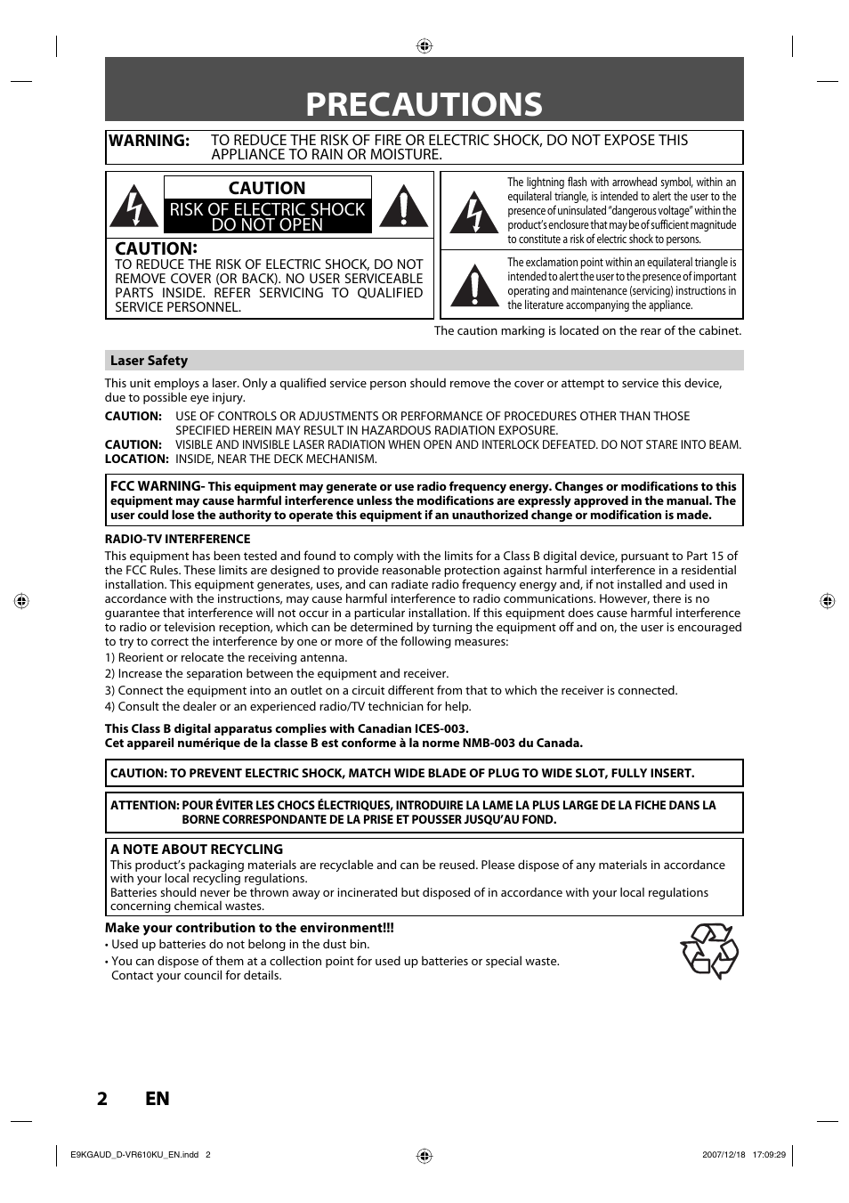 Precautions, 2en 2 en, Caution | Caution risk of electric shock do not open | Toshiba DVD Video Recorder / Video Cassette Recorder D-VR610KU User Manual | Page 2 / 126