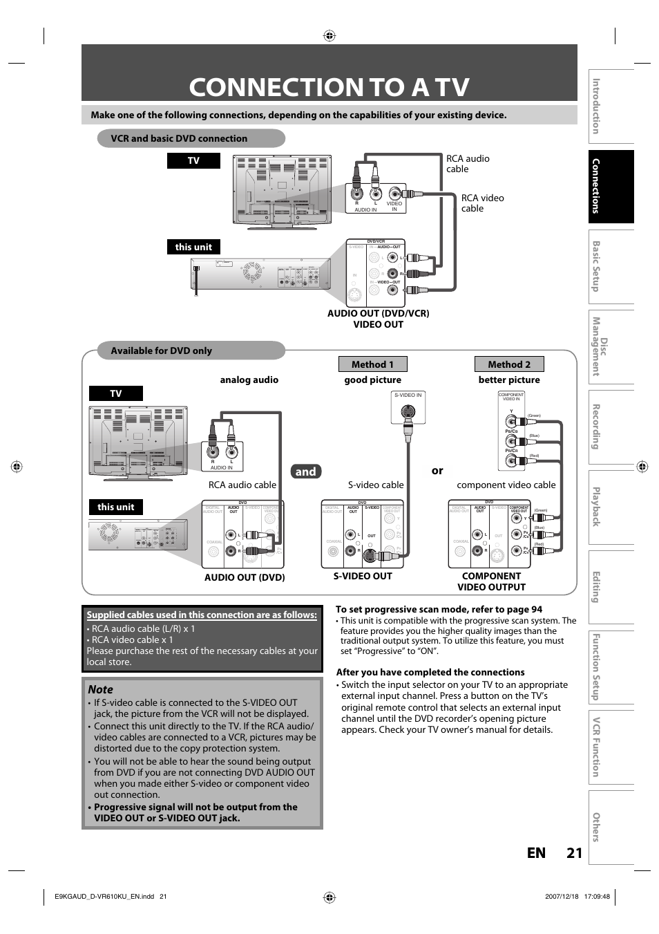 Connection to a tv, 21 en 21 en | Toshiba DVD Video Recorder / Video Cassette Recorder D-VR610KU User Manual | Page 21 / 126
