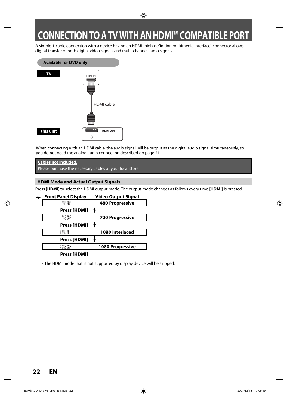 Connection to a tv with an hdmi™ compatible port, 22 en 22 en | Toshiba DVD Video Recorder / Video Cassette Recorder D-VR610KU User Manual | Page 22 / 126