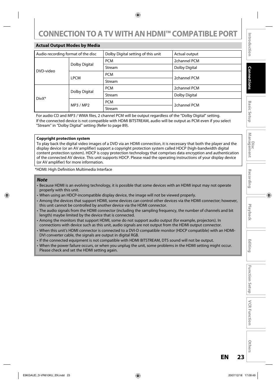 Connection to a tv with an hdmi™ compatible port, 23 en 23 en | Toshiba DVD Video Recorder / Video Cassette Recorder D-VR610KU User Manual | Page 23 / 126