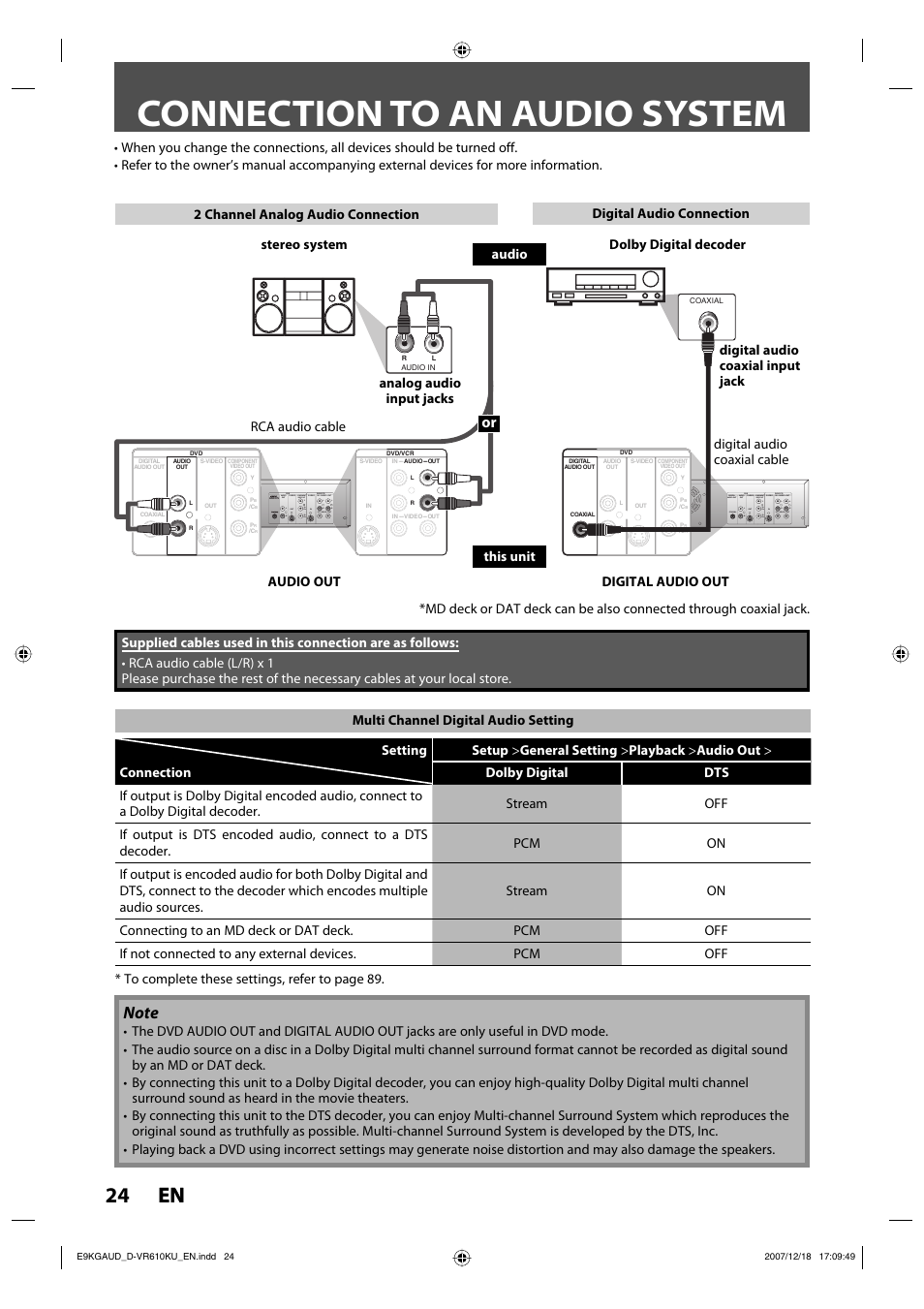 Connection to an audio system, 24 en 24 en | Toshiba DVD Video Recorder / Video Cassette Recorder D-VR610KU User Manual | Page 24 / 126