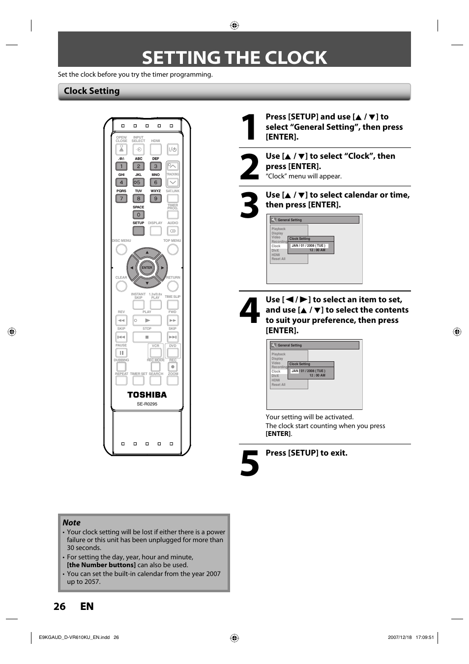 Setting the clock, 26 en 26 en, Clock setting | Use [ k / l ] to select “clock”, then press [enter | Toshiba DVD Video Recorder / Video Cassette Recorder D-VR610KU User Manual | Page 26 / 126