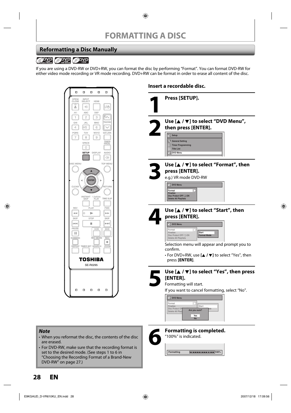 Formatting a disc, 28 en 28 en, Reformatting a disc manually | Toshiba DVD Video Recorder / Video Cassette Recorder D-VR610KU User Manual | Page 28 / 126