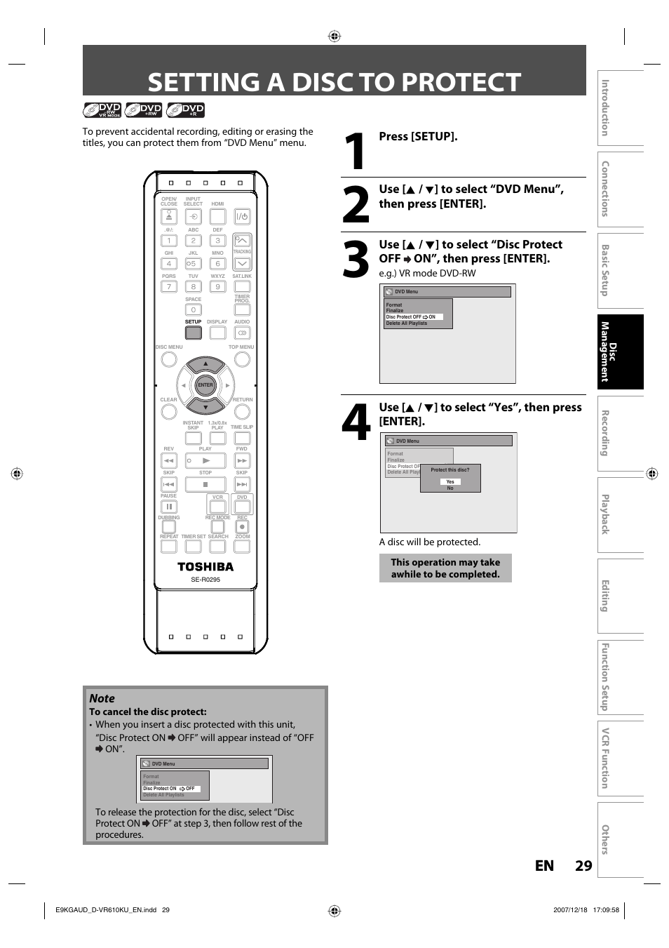 Setting a disc to protect, 29 en 29 en, Press [setup | Use [ k, Use [ k / l ] to select “yes”, then press [enter | Toshiba DVD Video Recorder / Video Cassette Recorder D-VR610KU User Manual | Page 29 / 126