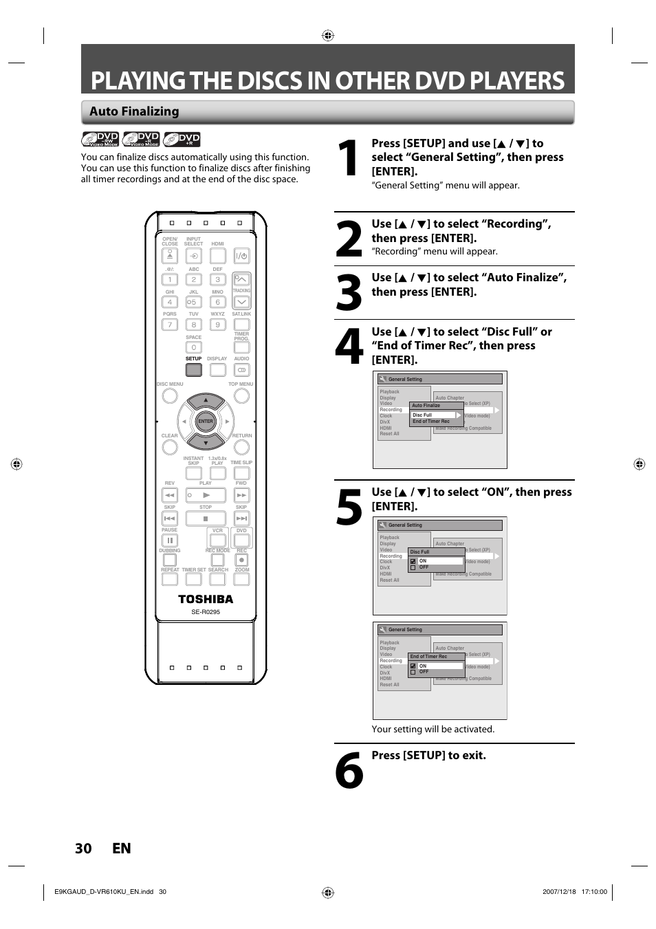 Playing the discs in other dvd players, 30 en 30 en, Auto finalizing | Toshiba DVD Video Recorder / Video Cassette Recorder D-VR610KU User Manual | Page 30 / 126