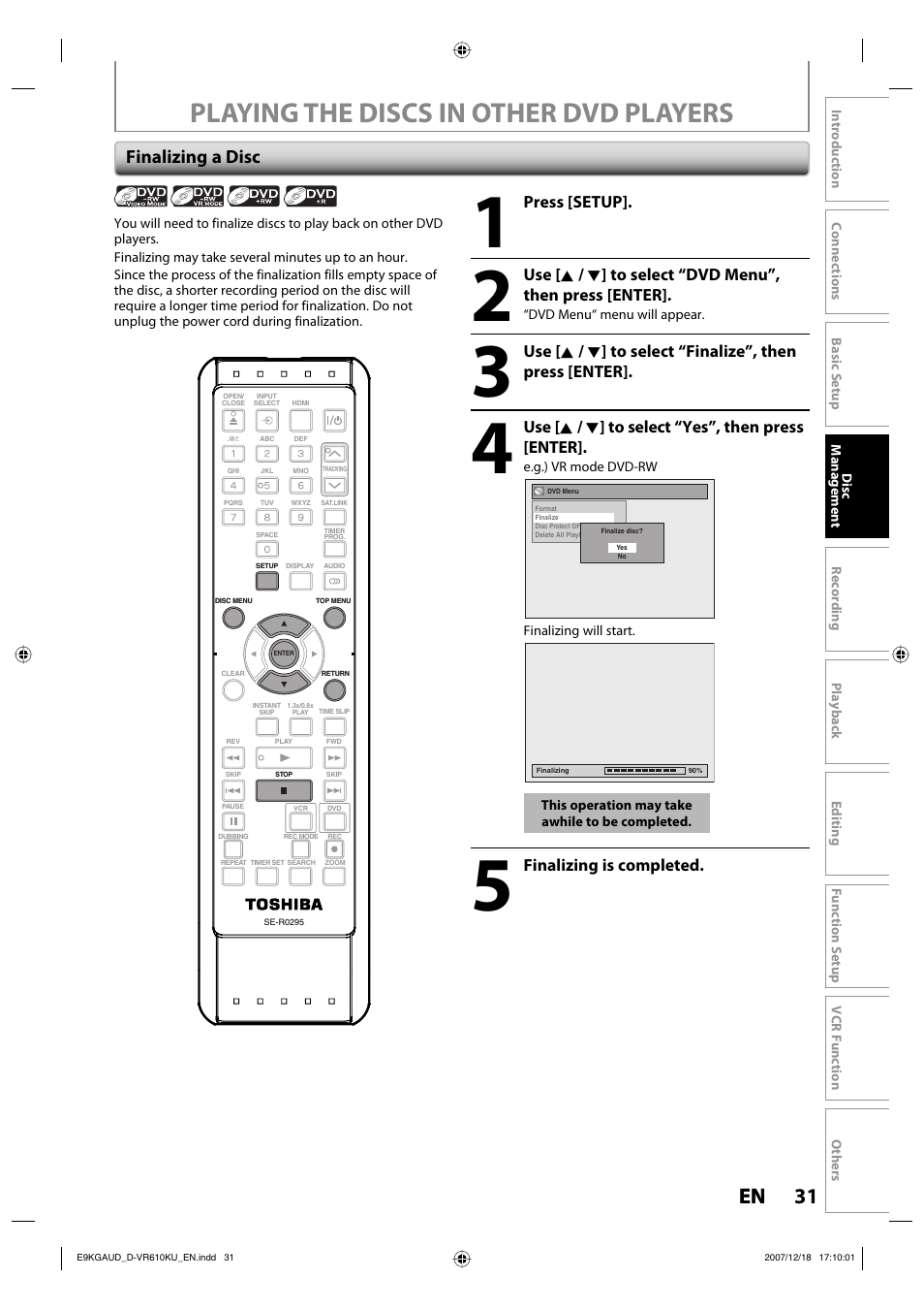 Playing the discs in other dvd players, 31 en 31 en, Finalizing a disc | Toshiba DVD Video Recorder / Video Cassette Recorder D-VR610KU User Manual | Page 31 / 126