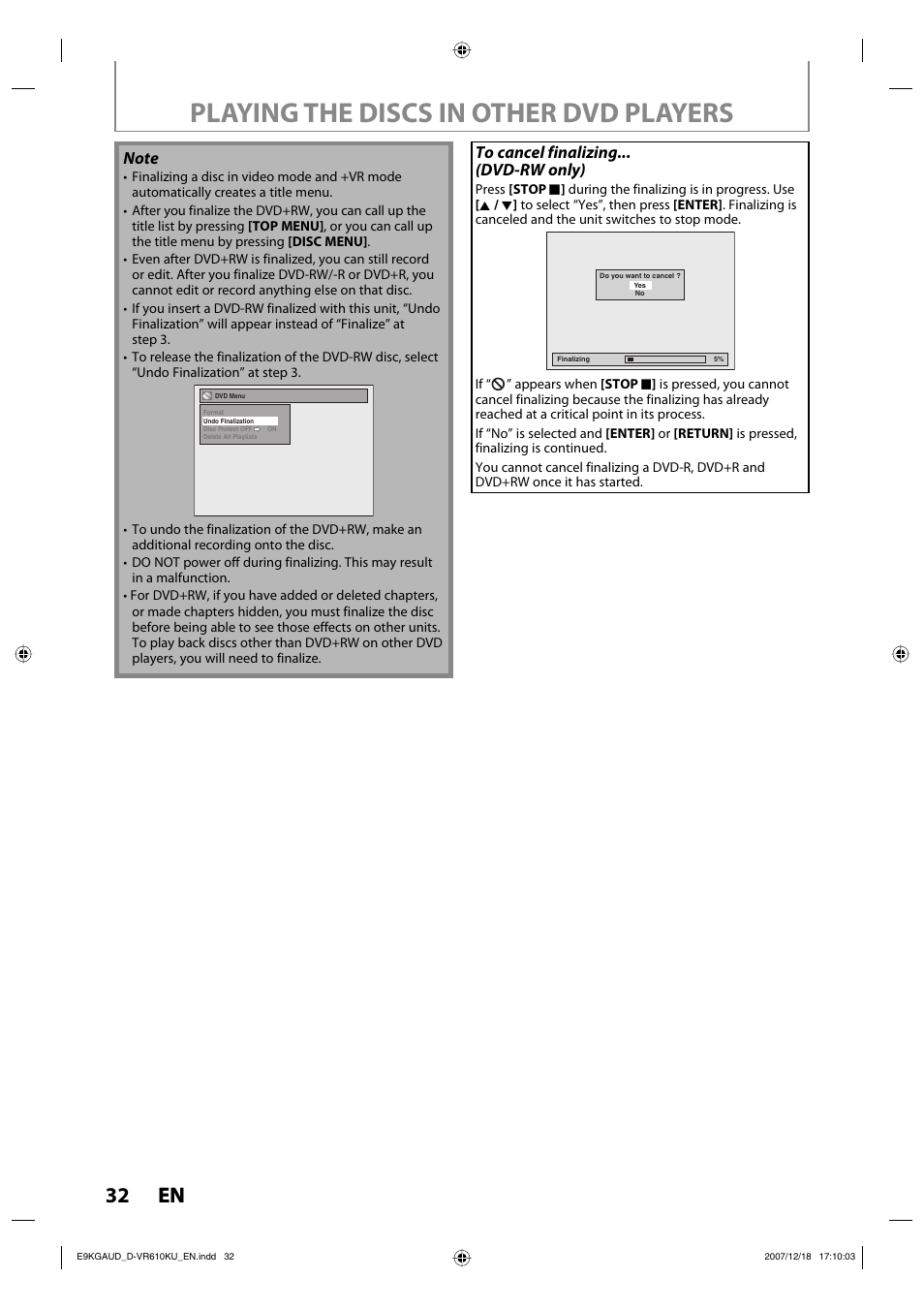 Playing the discs in other dvd players, 32 en 32 en | Toshiba DVD Video Recorder / Video Cassette Recorder D-VR610KU User Manual | Page 32 / 126