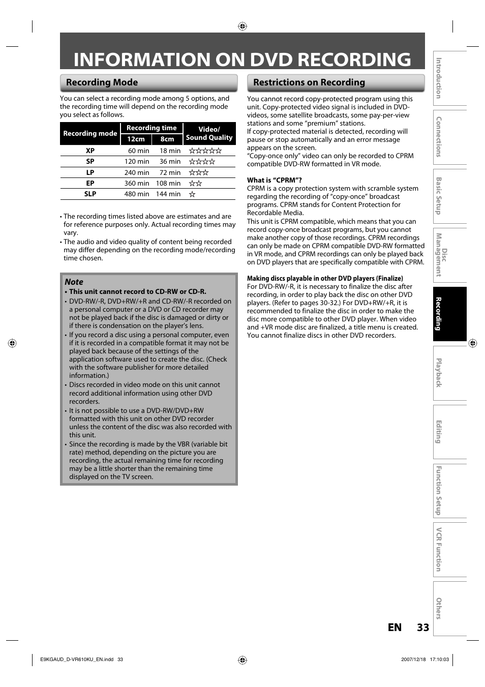 Information on dvd recording, 33 en 33 en, Recording mode | Restrictions on recording | Toshiba DVD Video Recorder / Video Cassette Recorder D-VR610KU User Manual | Page 33 / 126