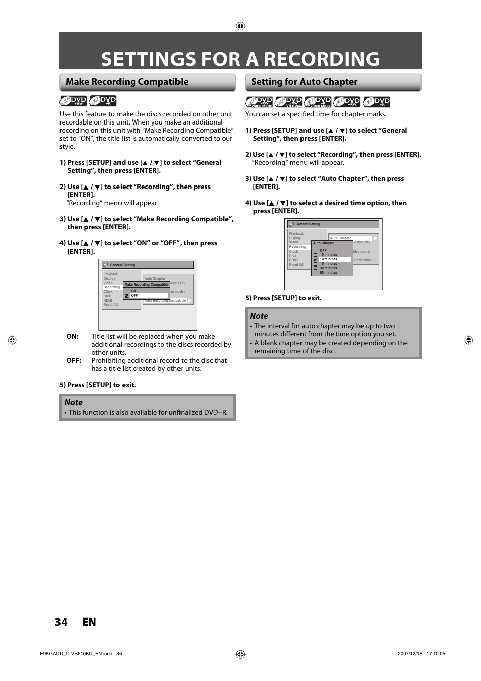 Settings for a recording, 34 en 34 en, Make recording compatible setting for auto chapter | Toshiba DVD Video Recorder / Video Cassette Recorder D-VR610KU User Manual | Page 34 / 126