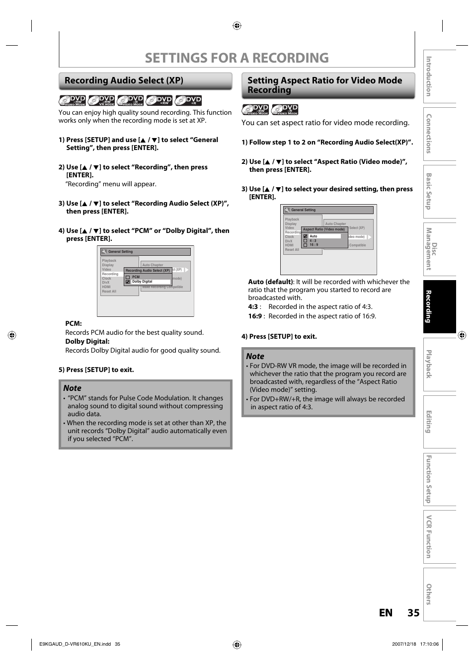 Settings for a recording, 35 en 35 en | Toshiba DVD Video Recorder / Video Cassette Recorder D-VR610KU User Manual | Page 35 / 126