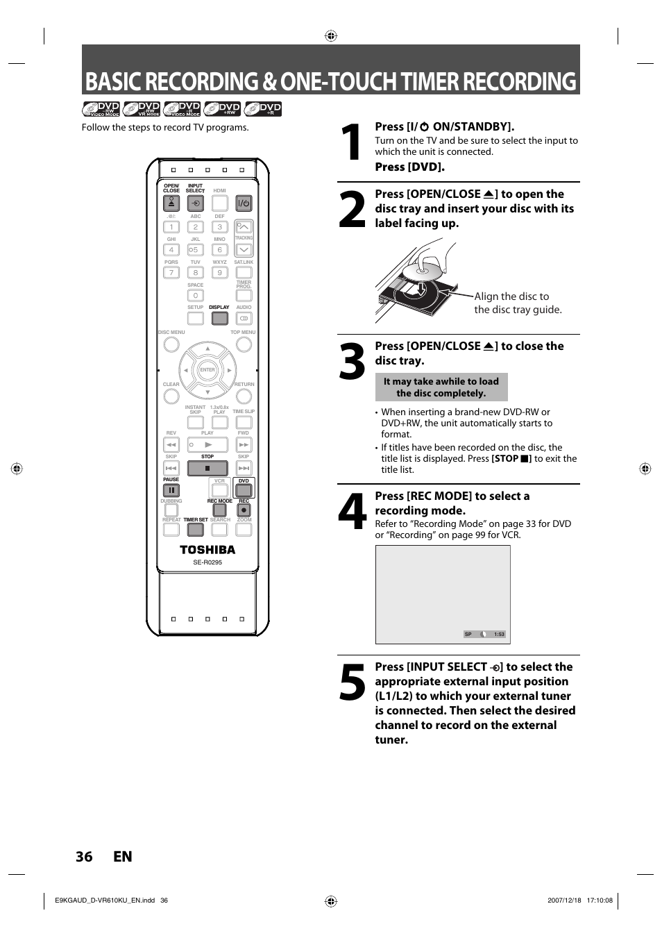 Basic recording & one-touch timer recording, 36 en 36 en | Toshiba DVD Video Recorder / Video Cassette Recorder D-VR610KU User Manual | Page 36 / 126