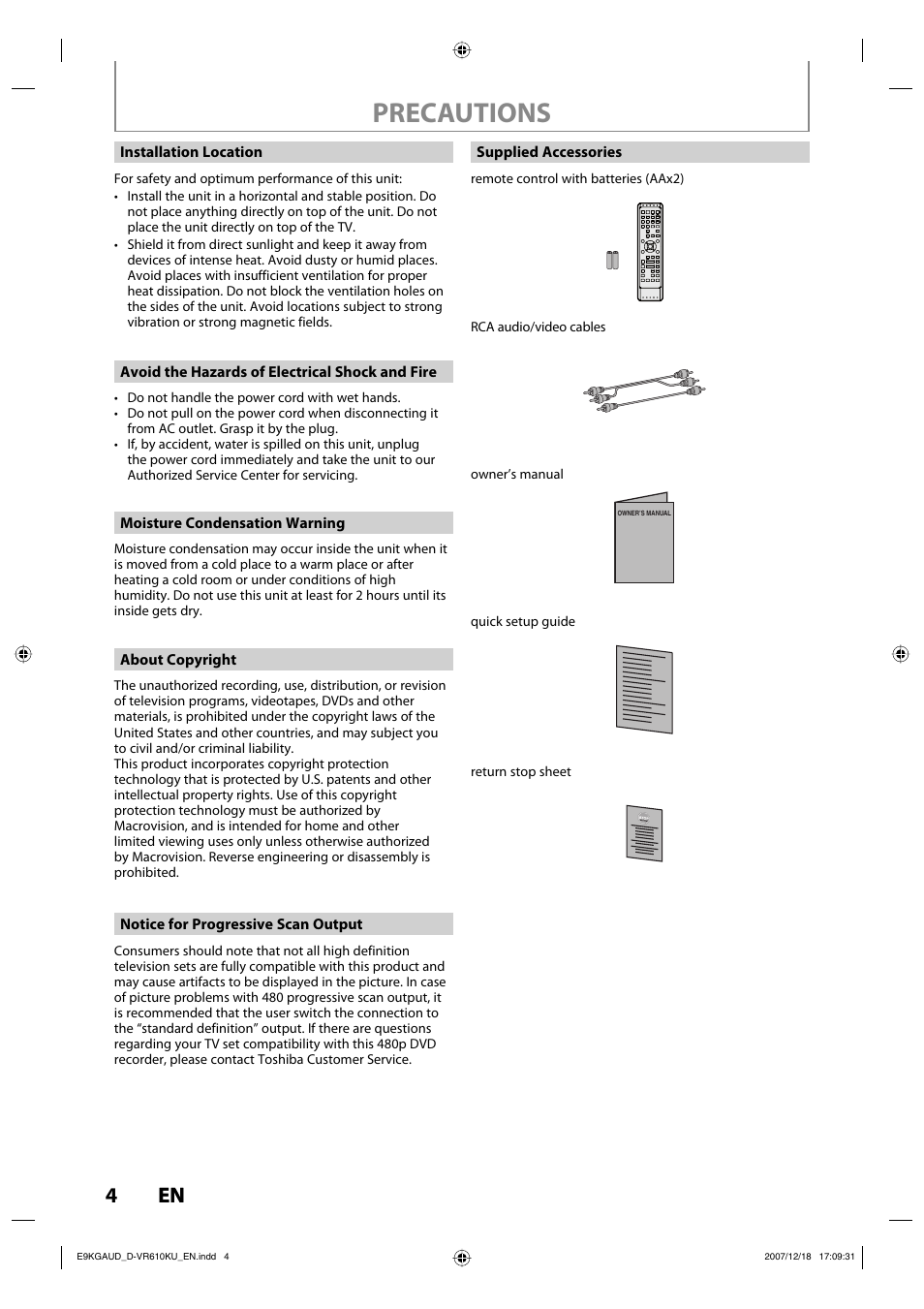 Precautions, 4en 4 en | Toshiba DVD Video Recorder / Video Cassette Recorder D-VR610KU User Manual | Page 4 / 126