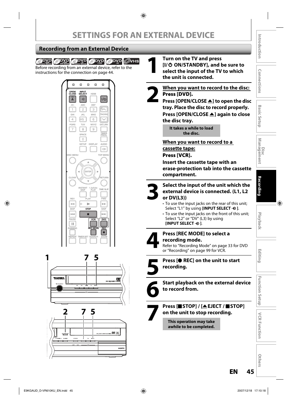 Settings for an external device, 45 en 45 en | Toshiba DVD Video Recorder / Video Cassette Recorder D-VR610KU User Manual | Page 45 / 126