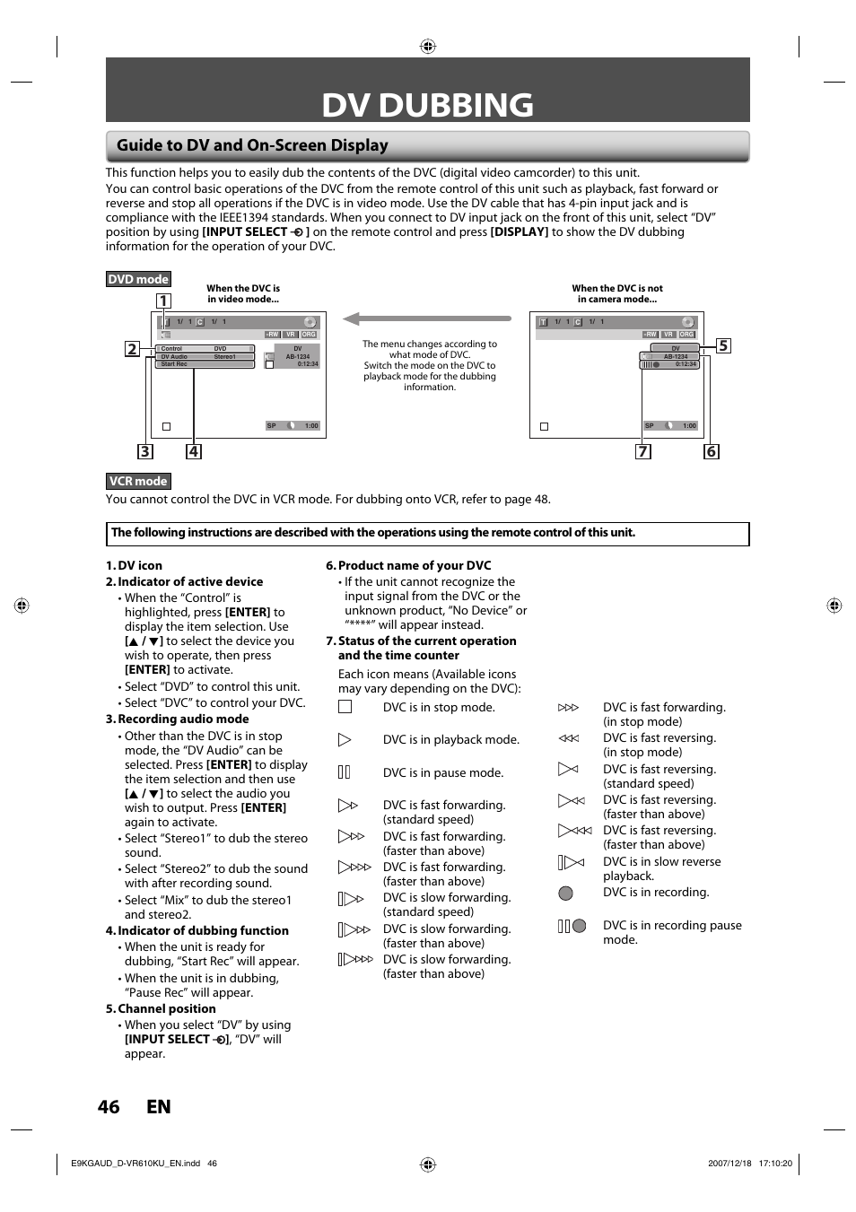 Dv dubbing, 46 en 46 en, Guide to dv and on-screen display | Toshiba DVD Video Recorder / Video Cassette Recorder D-VR610KU User Manual | Page 46 / 126