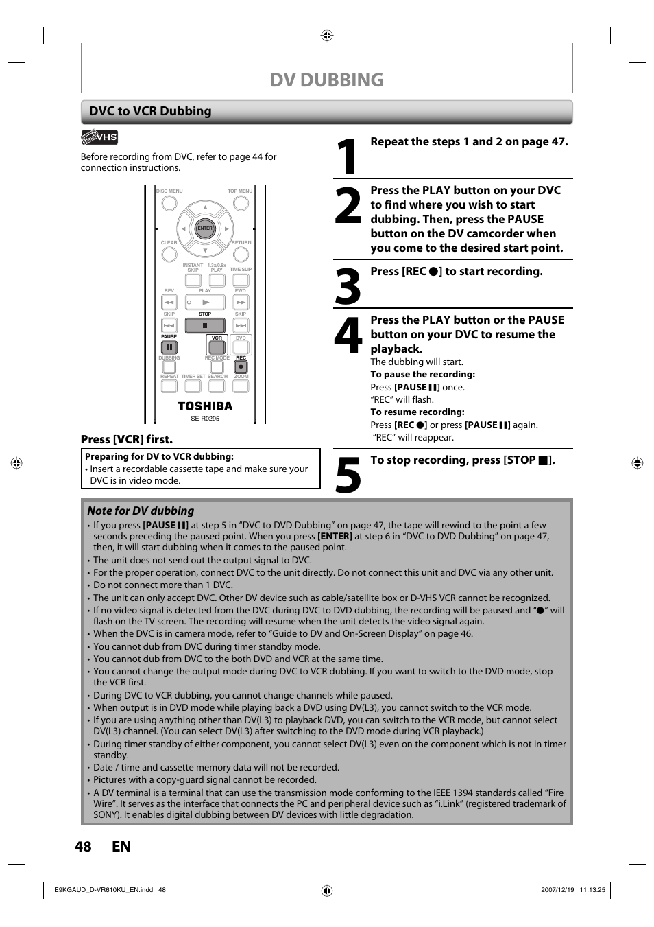 Dv dubbing, 48 en 48 en | Toshiba DVD Video Recorder / Video Cassette Recorder D-VR610KU User Manual | Page 48 / 126