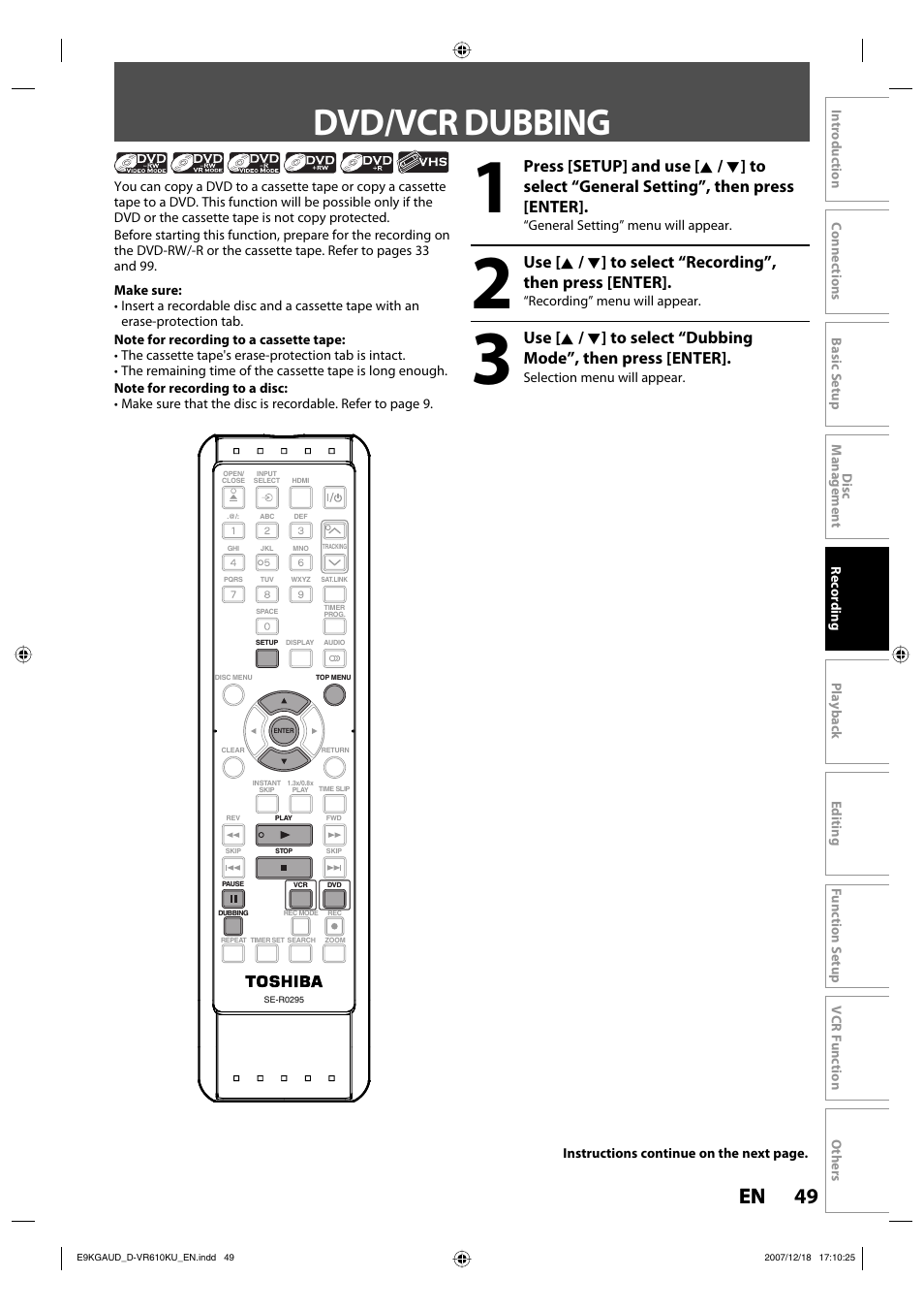 Dvd/vcr dubbing, 49 en 49 en | Toshiba DVD Video Recorder / Video Cassette Recorder D-VR610KU User Manual | Page 49 / 126