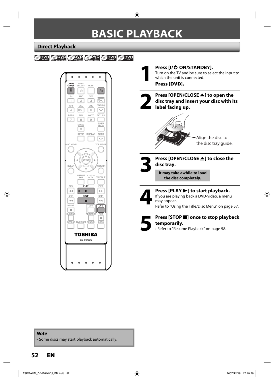 Basic playback, 52 en 52 en, Direct playback | Toshiba DVD Video Recorder / Video Cassette Recorder D-VR610KU User Manual | Page 52 / 126