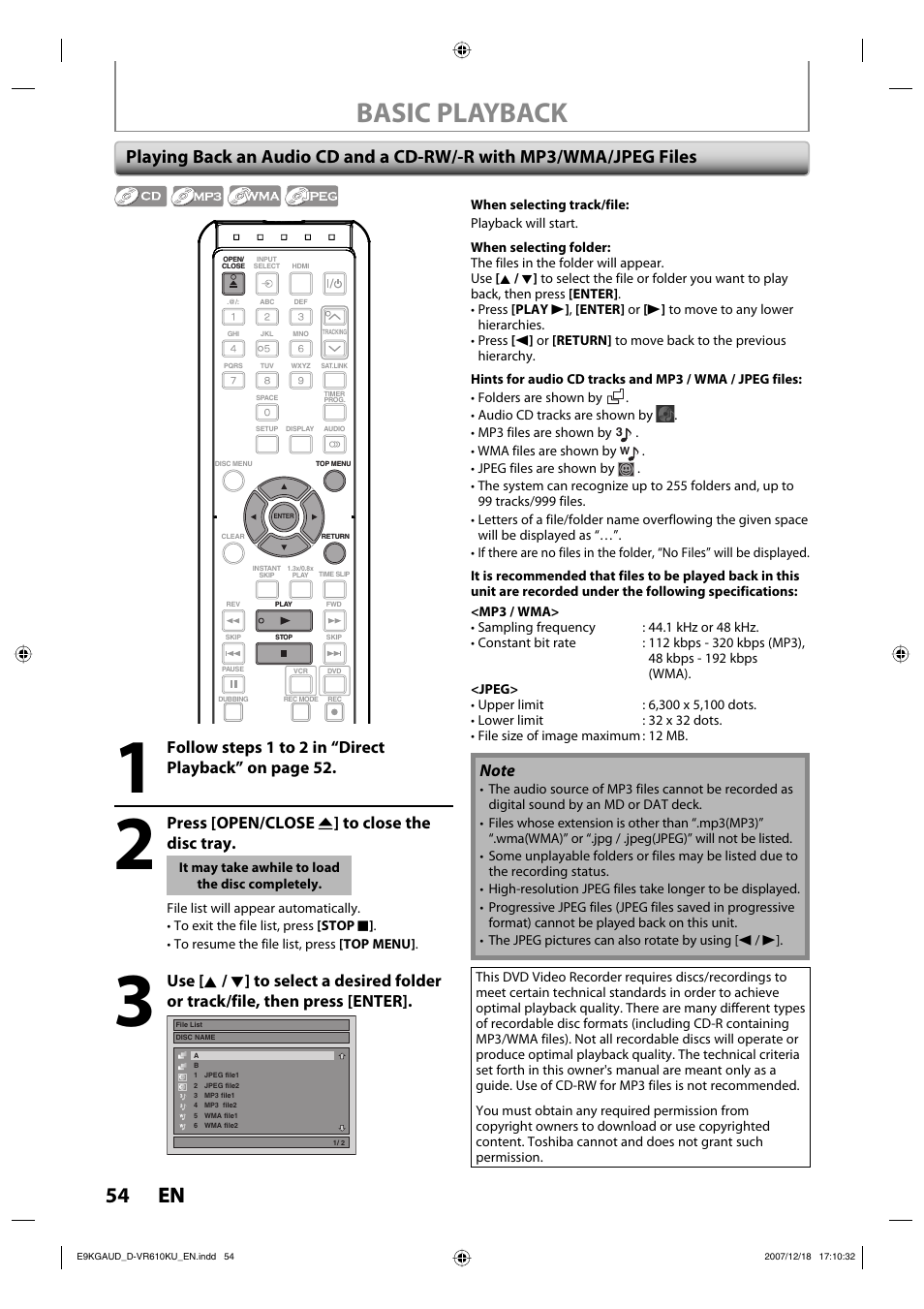 Basic playback, 54 en 54 en, Press [open/close a ] to close the disc tray | Toshiba DVD Video Recorder / Video Cassette Recorder D-VR610KU User Manual | Page 54 / 126