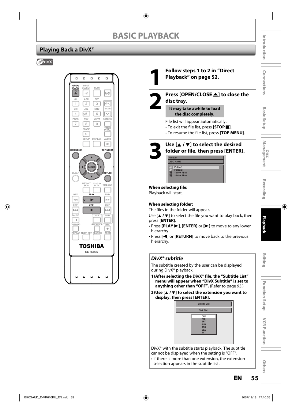 Basic playback, 55 en 55 en, Playing back a divx | Press [open/close a ] to close the disc tray, Divx® subtitle | Toshiba DVD Video Recorder / Video Cassette Recorder D-VR610KU User Manual | Page 55 / 126