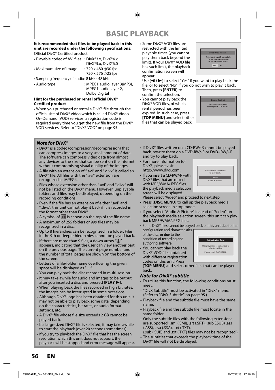 Basic playback, 56 en 56 en | Toshiba DVD Video Recorder / Video Cassette Recorder D-VR610KU User Manual | Page 56 / 126