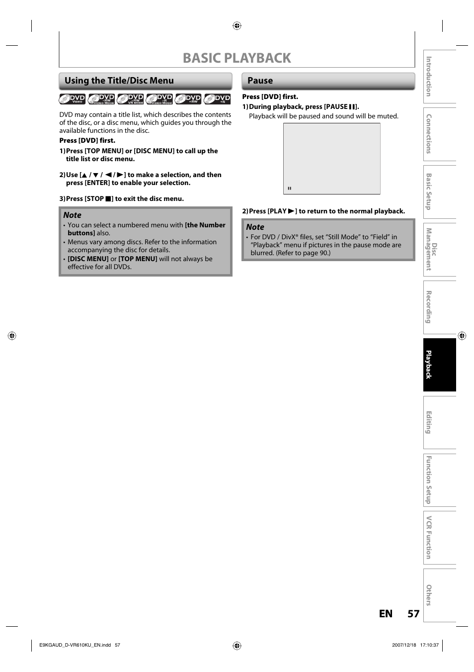 Basic playback, 57 en 57 en, Using the title/disc menu | Pause | Toshiba DVD Video Recorder / Video Cassette Recorder D-VR610KU User Manual | Page 57 / 126