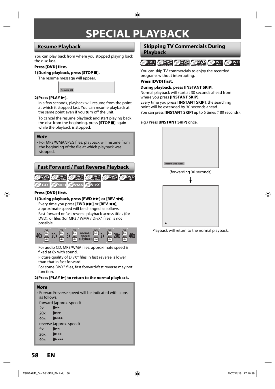 D-vr610ku_en_v4, Special playback, 58 en 58 en | Resume playback | Toshiba DVD Video Recorder / Video Cassette Recorder D-VR610KU User Manual | Page 58 / 126